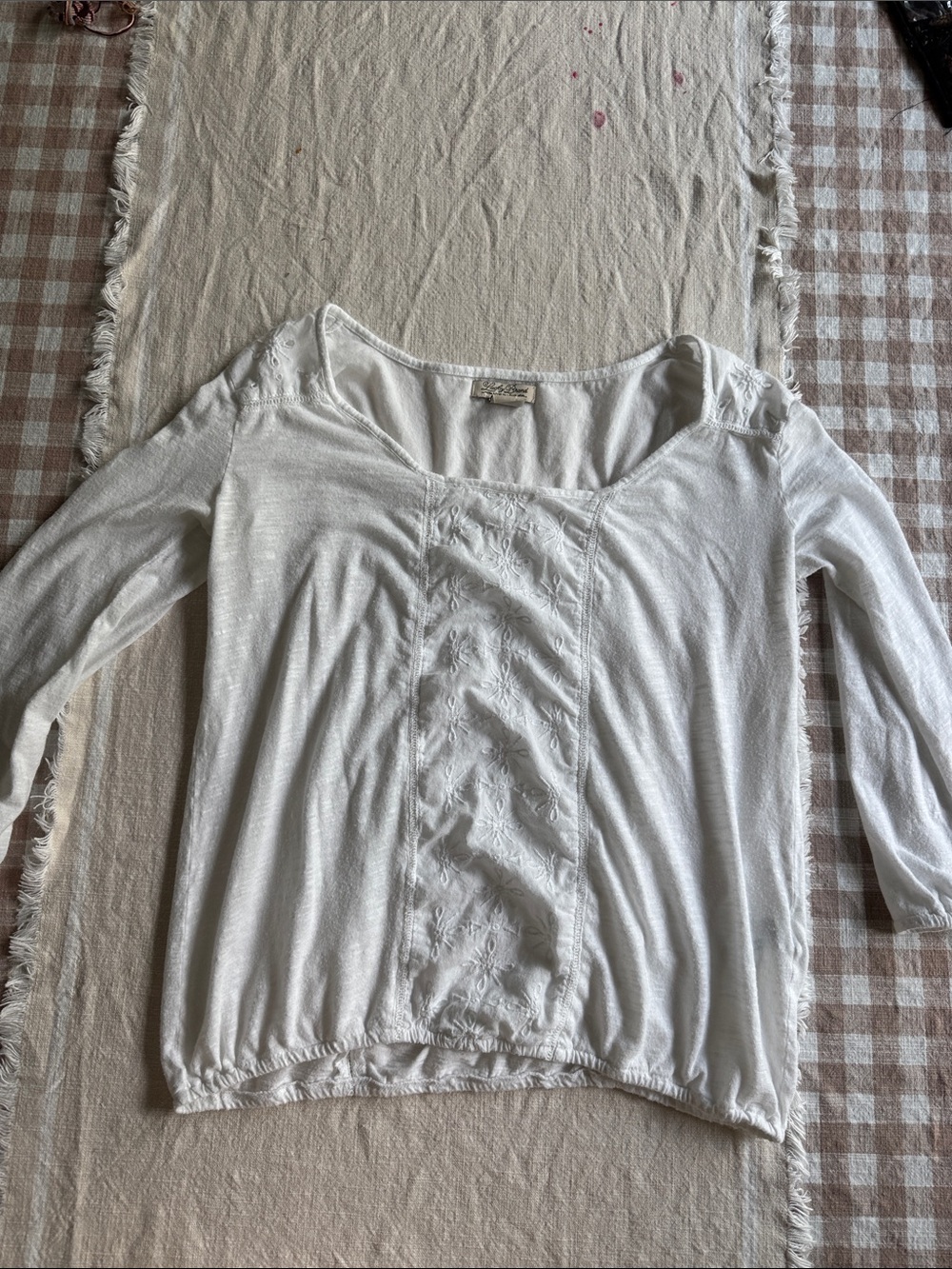 Lucky Brand White Lace-Trim Long Sleeve Scoop Top